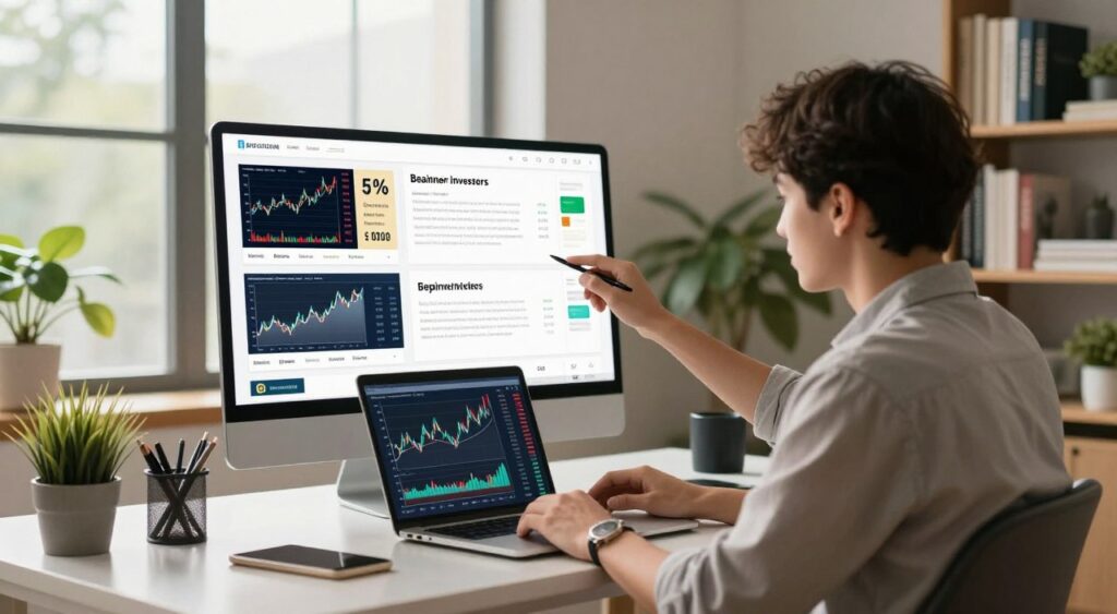 A modern workspace scene showcasing a beginner engaging in the process of buying financial instruments. In the foreground, a young adult in smart casual attire sits at a sleek desk with a laptop open, displaying financial charts and graphs. The middle layer features a mood board with images of stocks, bonds, and recommendations for beginner investors. In the background, a large window lets in soft, natural light, casting a warm glow over the space. Potted plants in the corner add a touch of greenery, while shelves lined with finance books create an organized atmosphere. The overall mood is one of focus and optimism, reflecting the theme of exploration and learning in financial investment.