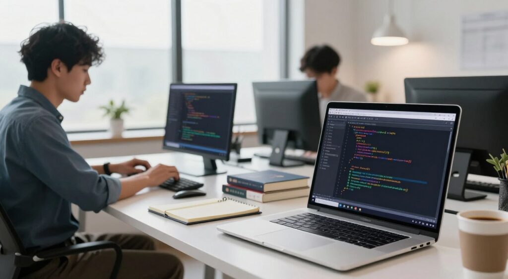 A modern workspace showcasing c integrated development environments (IDEs). In the foreground, a sleek laptop displays an open coding interface, vibrant lines of code in c programming language. To the left, a professional in smart casual attire is focused on the screen, typing intently. In the middle, a well-organized desk with coding books, a notepad, and a cup of coffee adds to the productivity atmosphere. In the background, a large window lets in natural light, illuminating the clean, minimalistic office environment. Soft shadows create depth, and a gentle glow from a desk lamp enhances focus. The setting should evoke a sense of concentration and enthusiasm for coding, capturing the essence of setting up a c environment for maximum productivity.