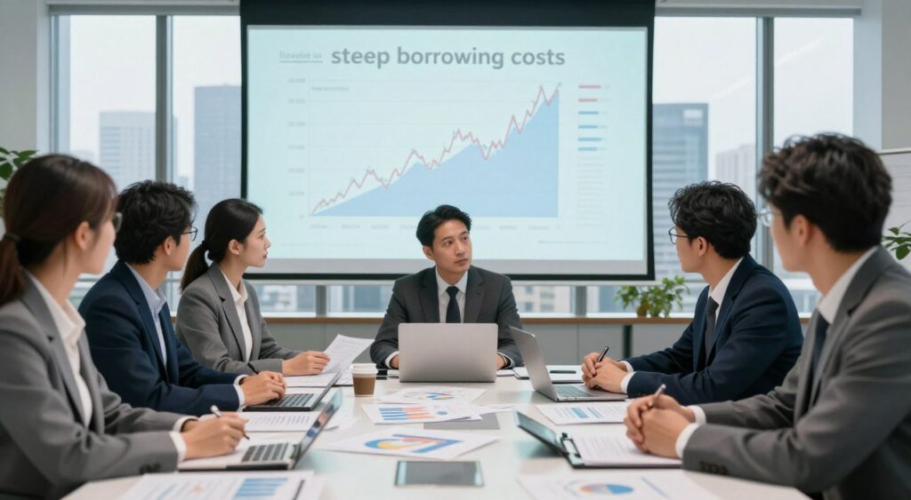 A multifaceted view of the factors contributing to steep borrowing costs, depicted in a modern office environment. In the foreground, a diverse group of professionals in business attire are engaged in a discussion around a table cluttered with financial documents, charts, and calculators. The middle ground features a large projection screen displaying rising interest rates and economic data trends, emphasizing the financial atmosphere. In the background, a city skyline through large windows suggests a bustling economic atmosphere. The lighting is bright and clear, conveying urgency, with soft shadows adding depth. Capture the serious mood of financial decision-making framed by a contemporary workplace to illustrate the complexities of costly financing.