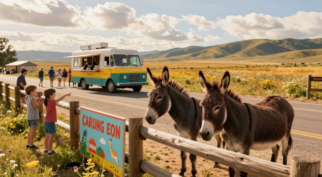 A picturesque roadside scene in America featuring charming donkey attractions. In the foreground, two friendly donkeys stand near a rustic wooden fence, their coats sunlit and glossy, with gentle expressions. Beside them, a colorful sign adorned with playful illustrations invites passersby to interact with the donkeys. In the middle ground, a vintage, vibrant food truck serves refreshments to families enjoying the serene atmosphere, with children laughing and pointing at the donkeys. The background captures a wide, open landscape filled with rolling hills, dotted with wildflowers and golden sunlight filtering through soft, fluffy clouds. The scene is bathed in warm, inviting light, creating a nostalgic and joyful mood reminiscent of classic Americana. The angle is slightly elevated, allowing a comprehensive view that immerses the viewer in this delightful roadside attraction. A picturesque roadside scene in America featuring charming donkey attractions. In the foreground, two friendly donkeys stand near a rustic wooden fence, their coats sunlit and glossy, with gentle expressions. Beside them, a colorful sign adorned with playful illustrations invites passersby to interact with the donkeys. In the middle ground, a vintage, vibrant food truck serves refreshments to families enjoying the serene atmosphere, with children laughing and pointing at the donkeys. The background captures a wide, open landscape filled with rolling hills, dotted with wildflowers and golden sunlight filtering through soft, fluffy clouds. The scene is bathed in warm, inviting light, creating a nostalgic and joyful mood reminiscent of classic Americana. The angle is slightly elevated, allowing a comprehensive view that immerses the viewer in this delightful roadside attraction.