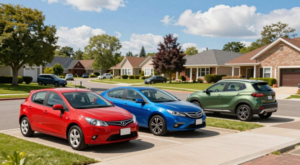 A picturesque scene featuring a selection of budget-friendly cars parked neatly in a serene, sunny suburban environment. In the foreground, a cheerful red hatchback, a sleek blue sedan, and a compact green SUV are highlighted, showcasing their stylish yet affordable designs. The middle ground features manicured lawns and a cozy neighborhood street lined with trees. In the background, a clear blue sky with fluffy white clouds enhances the inviting atmosphere. The lighting is bright and vibrant, creating a warm and optimistic feel. The image is captured from a slightly elevated angle to provide a panoramic view of the cars and surrounding scenery, emphasizing the practicality and appeal of these budget-friendly options. No text or logos are present.