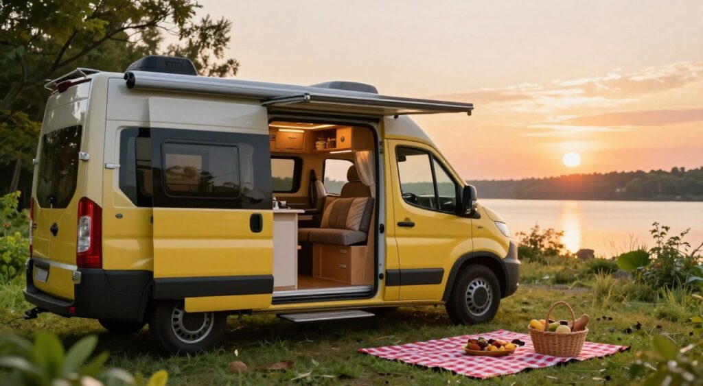 A picturesque scene of a cozy camper van nestled in a serene natural setting, designed for ultimate comfort during travel. In the foreground, the brightly colored camper van showcases its inviting entrance with open doors, revealing plush seating and homely decor. In the middle ground, vibrant greenery surrounds the van, with a picnic setup featuring a checkered blanket and a basket of food, creating a welcoming atmosphere. The background features a stunning sunset over a tranquil lake, casting warm golden hues across the sky. Soft, diffused lighting enhances the peaceful vibe of the scene, while a shallow depth of field draws the viewer’s focus toward the camper. The mood is warm and inviting, encouraging a sense of adventure and relaxation.