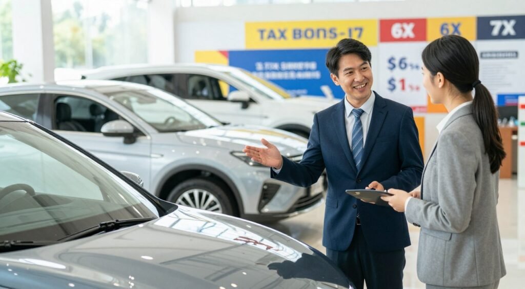 A professional auto dealership setting with a focus on a friendly car trade-in interaction. In the foreground, a well-dressed salesperson and a customer are engaged in discussion, with the salesperson gesturing towards a shiny, new car that emphasizes tax benefits and trade-in advantages. In the middle, a variety of cars are lined up, showcasing different models available for trade-in, creating a vibrant and inviting atmosphere. In the background, bright banners highlighting tax savings and trade-in perks hang from the dealership walls, adding to the informative feel. The lighting is bright and welcoming, simulating natural daylight, with a wide-angle lens perspective that captures the entire scene warmly, evoking a positive mood of opportunity and helpfulness.