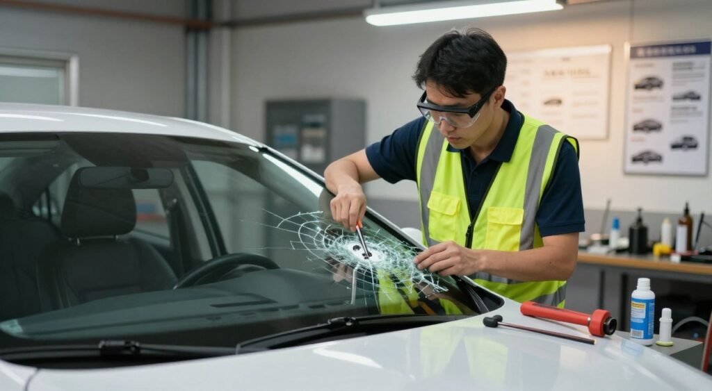 Um técnico automotivo profissional, em uma oficina limpa, usando colete e óculos de proteção, substitui cuidadosamente o para-brisa quebrado de um sedã moderno. Em primeiro plano, ferramentas como um extrator de para-brisa e adesivo são visíveis, enfatizando o processo de reparo. A seção intermediária mostra a expressão concentrada do técnico enquanto ele inspeciona o vidro, com o interior do veículo levemente visível, criando uma cena imersiva. Ao fundo, uma oficina bem organizada com cartazes sobre cuidados com o para-brisa e uma iluminação suave que projeta um brilho acolhedor sobre o espaço de trabalho. Uma sensação de confiabilidade e expertise permeia a atmosfera, ressaltando a importância do reparo oportuno do para-brisa em vez da substituição.