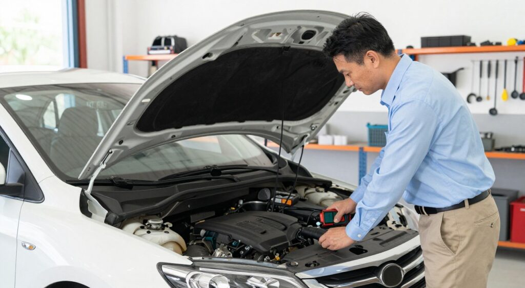 A professional automotive evaluator examines a used car in a well-lit, spacious garage. In the foreground, a middle-aged man dressed in a neat, light-blue dress shirt and khaki pants is inspecting the car's engine, using a diagnostic tool. The car, a slightly worn but well-maintained sedan, is positioned prominently in the middle of the scene, showcasing its exterior features. The background features shelves with automotive tools and equipment, creating a believable workshop setting. The lighting is bright and evenly spread, suggesting a sunny day outside, enhancing the overall positive mood. The image conveys a sense of professionalism and trustworthiness in the used car evaluation process.
