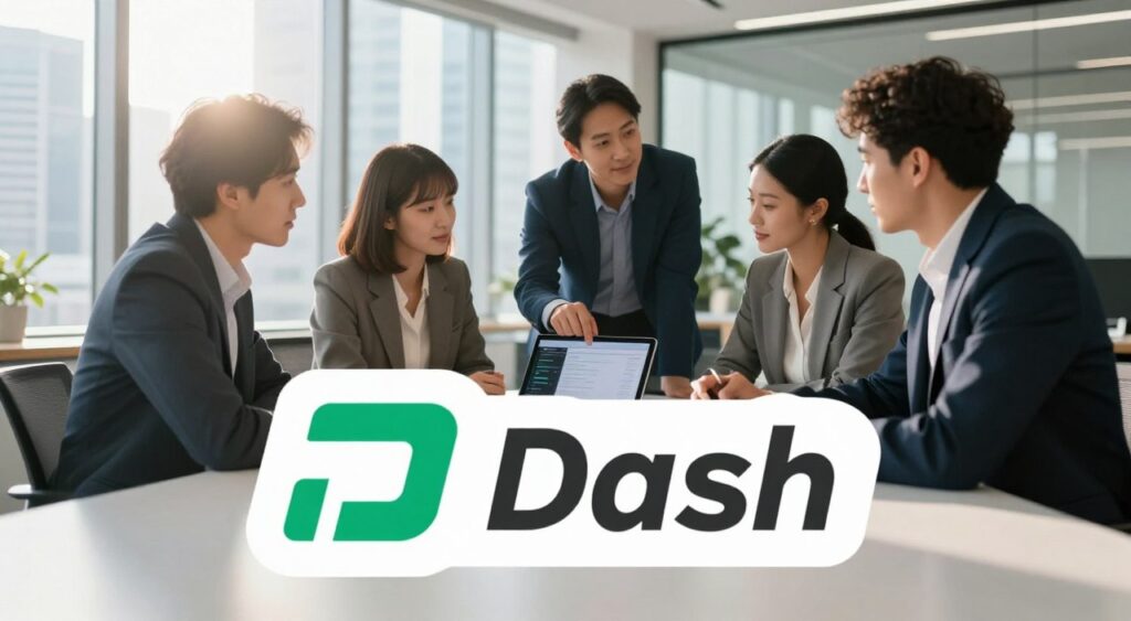 A professional business setting showcasing the Dash cryptocurrency logo prominently in the foreground, symbolizing its significance in modern commerce. In the middle ground, a group of diverse business professionals, dressed in smart business attire, engaged in a discussion around a digital tablet displaying Dash transaction details. The background features a sleek, contemporary office with large windows revealing a bustling cityscape, suggesting growth and innovation. Soft, natural lighting floods the scene, with a slight lens flare to add warmth. The atmosphere should convey professionalism, collaboration, and the forward-thinking nature of blockchain technology. The image should be visually balanced and polished, reflecting the potential of Dash in business environments without any text or distractions.