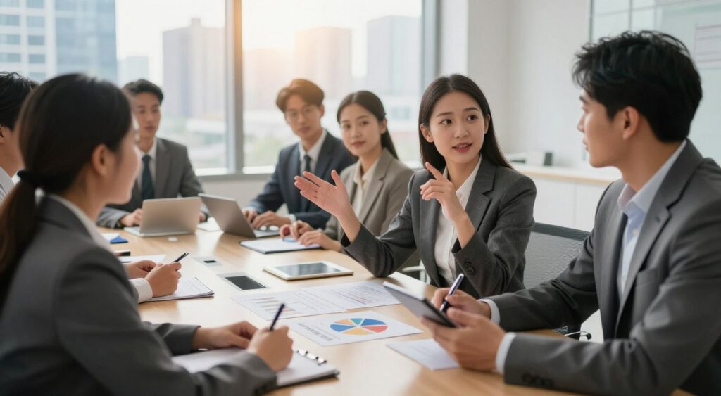 A professional business setting with a diverse group of people engaged in a negotiation. In the foreground, a confident woman in a tailored suit gestures emphatically, while a man in a similar business outfit takes notes on a tablet, displaying an attentive expression. The middle ground features a large conference table with documents and negotiation strategies spread out, including pie charts and financial data. In the background, a large window reveals a city skyline bathed in warm, natural light that creates a bright and optimistic atmosphere. The scene conveys focus and collaboration, emphasizing the importance of negotiation skills in buying Fi deals. The perspective is slightly angled to give depth to the setting, creating a sense of engagement and professionalism.