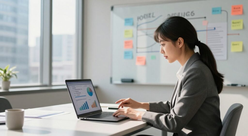 A professional businesswoman analyzing discount strategies in a modern office environment. In the foreground, she is seated at a sleek desk with a laptop open, displaying charts and graphs related to offers and discounts. In the middle ground, a window reveals a bustling cityscape, symbolizing opportunity, with bright sunlight filtering through, casting dynamic shadows on her workspace. The background features a large whiteboard filled with colorful strategies and notes, enhancing the atmosphere of active brainstorming. The scene conveys a focused and optimistic mood, showcasing a sense of determination and professionalism. Use soft, natural lighting to create an inviting workspace, captured with a shallow depth of field, emphasizing the subject while gently blurring the background details.