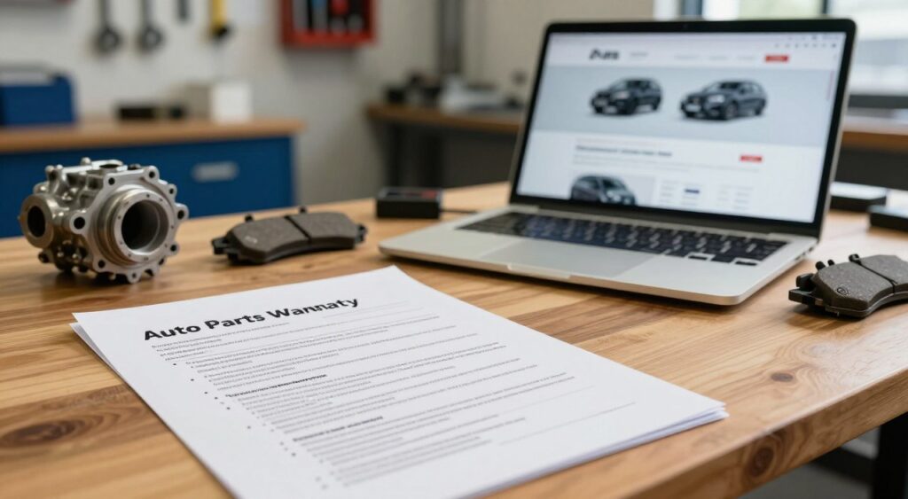 A professional, clean workspace featuring a detailed auto parts warranty policy document in the foreground, prominently displayed on a wooden desk. The paper shows technical information along with bullet points highlighting key warranty terms. In the middle ground, a laptop with a clutter-free screen is open, showing a digital auto parts shopping website, while a few car components like an engine part and brake pads are neatly arranged nearby. The background features a soft-focus mechanic workshop with tools hanging on the wall, enhancing the automotive ambiance. The scene is well-lit with warm, natural lighting, creating an inviting and reassuring atmosphere, symbolizing trust and professionalism in auto parts purchasing. The perspective is eye-level, providing an intimate view of the workspace.