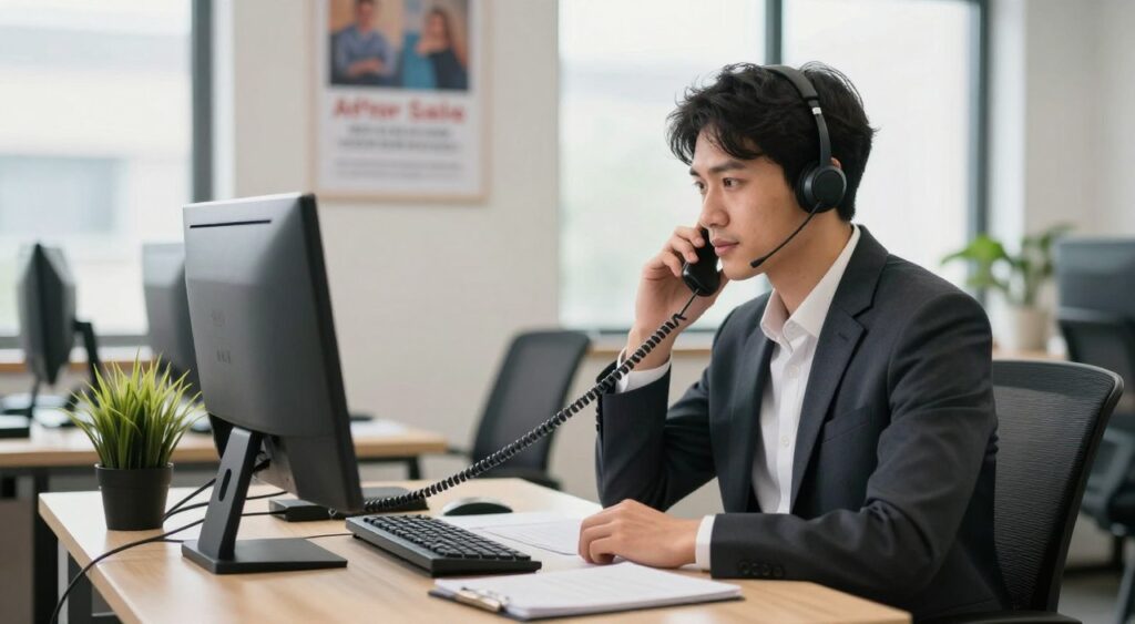 A professional customer care representative seated at a modern office desk, engaged in a conversation with a customer over the phone. The foreground features a focused individual dressed in smart business attire, showing attentive body language. In the middle, a clutter-free desk with a computer, a notepad, and a plant adds to the professional environment. The background shows a softly lit office with motivational posters and a large window letting in natural light, creating a warm and inviting atmosphere. The angle should capture the representative’s expression of empathy and determination, embodying the challenges faced in after-sales service while ensuring the overall mood is one of professionalism and support. A professional customer care representative seated at a modern office desk, engaged in a conversation with a customer over the phone. The foreground features a focused individual dressed in smart business attire, showing attentive body language. In the middle, a clutter-free desk with a computer, a notepad, and a plant adds to the professional environment. The background shows a softly lit office with motivational posters and a large window letting in natural light, creating a warm and inviting atmosphere. The angle should capture the representative’s expression of empathy and determination, embodying the challenges faced in after-sales service while ensuring the overall mood is one of professionalism and support.