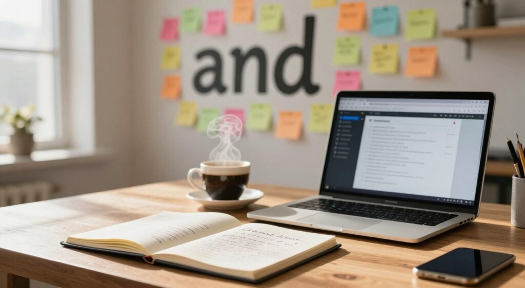 A professional editorial workspace, with a wooden desk as the foreground, featuring an open notebook filled with handwritten notes about compelling headlines. Beside it, a stylish laptop displays a collaborative writing app. In the middle, a cup of steaming coffee emits wisps of steam, adding a cozy touch. Behind the desk, a soft-focus wall lined with sticky notes creatively arranged in a colorful pattern presents the word 'and' prominently, symbolizing connection and creativity. The background features an inviting window with natural light pouring in, casting warm shadows. The atmosphere conveys focus and inspiration, perfect for brainstorming engaging content. Use a shallow depth of field to emphasize the foreground elements and create a warm, motivational vibe. A professional editorial workspace, with a wooden desk as the foreground, featuring an open notebook filled with handwritten notes about compelling headlines. Beside it, a stylish laptop displays a collaborative writing app. In the middle, a cup of steaming coffee emits wisps of steam, adding a cozy touch. Behind the desk, a soft-focus wall lined with sticky notes creatively arranged in a colorful pattern presents the word 'and' prominently, symbolizing connection and creativity. The background features an inviting window with natural light pouring in, casting warm shadows. The atmosphere conveys focus and inspiration, perfect for brainstorming engaging content. Use a shallow depth of field to emphasize the foreground elements and create a warm, motivational vibe.