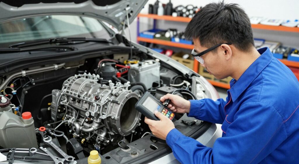 A professional mechanic with short dark hair, wearing a blue uniform and safety glasses, is inspecting a car’s transmission system in a well-lit workshop. In the foreground, the mechanic uses a diagnostic tool to assess the transmission, showing focused concentration. In the middle ground, a partially disassembled vehicle reveals its complex transmission components, surrounded by tools and equipment such as wrenches and oil containers. The background features shelves filled with spare parts and automotive manuals, adding to the workshop atmosphere. The lighting is bright and clear, illuminating the workspace for a clean, professional look. The mood is one of diligence and expertise, capturing the essential routine of transmission maintenance. A professional mechanic with short dark hair, wearing a blue uniform and safety glasses, is inspecting a car’s transmission system in a well-lit workshop. In the foreground, the mechanic uses a diagnostic tool to assess the transmission, showing focused concentration. In the middle ground, a partially disassembled vehicle reveals its complex transmission components, surrounded by tools and equipment such as wrenches and oil containers. The background features shelves filled with spare parts and automotive manuals, adding to the workshop atmosphere. The lighting is bright and clear, illuminating the workspace for a clean, professional look. The mood is one of diligence and expertise, capturing the essential routine of transmission maintenance.