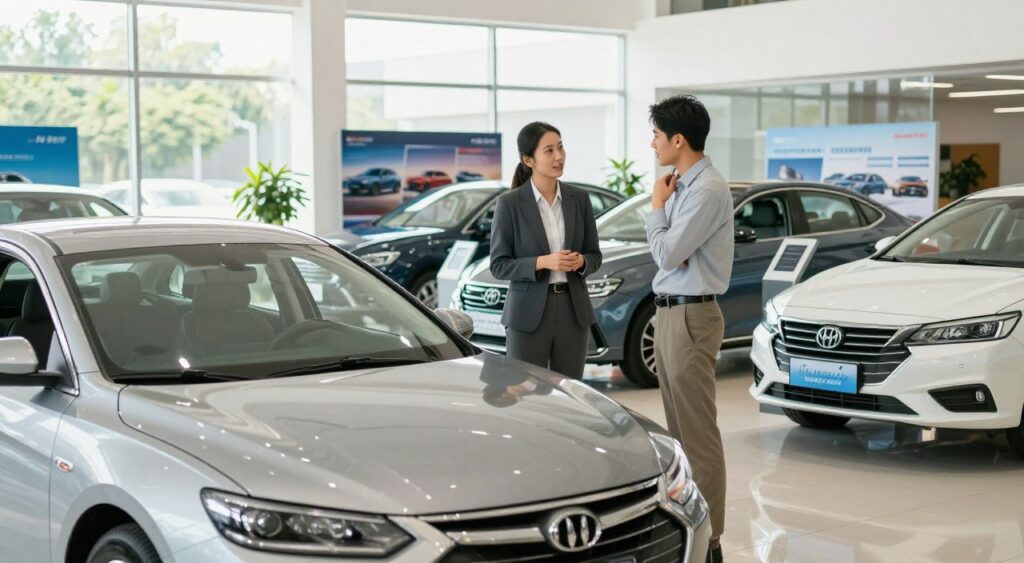 A professional, modern auto dealership interior, showcasing an array of vehicles in various styles, with a focus on an affordable sedan prominently displayed in the foreground. A friendly salesperson in business attire is engaged in conversation with a potential buyer, who looks hopeful but hesitant. The dealership is well-lit with natural light streaming through large windows, illuminating the glossy vehicles and creating a warm, inviting atmosphere. Background elements include neatly arranged vehicle brochures and a digital display highlighting low-interest financing options for individuals with bad credit. The overall mood reflects optimism and support, emphasizing accessibility in vehicle financing. Use a wide-angle lens for a spacious feel and maintain a shallow depth of field to keep the focus on the interaction.