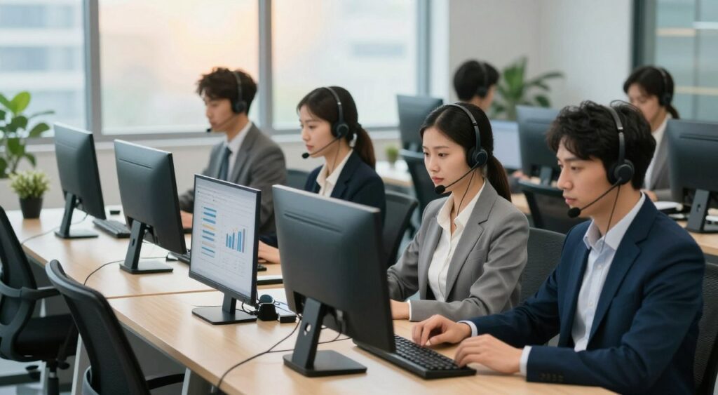 A professional, modern customer care center with a focus on exceptional after-sales service. In the foreground, a diverse group of customer service representatives, dressed in business attire, are attentively assisting clients through headsets, displaying expressions of empathy and support. In the middle, sleek desks equipped with computers and customer service tools, with charts and reports subtly visible. The background features large windows letting in soft, warm natural light that creates an inviting and productive atmosphere, complemented by calming blue and green decor. Capture a wide-angle view highlighting teamwork, efficiency, and professionalism, conveying a sense of trust and satisfaction in client interactions. A professional, modern customer care center with a focus on exceptional after-sales service. In the foreground, a diverse group of customer service representatives, dressed in business attire, are attentively assisting clients through headsets, displaying expressions of empathy and support. In the middle, sleek desks equipped with computers and customer service tools, with charts and reports subtly visible. The background features large windows letting in soft, warm natural light that creates an inviting and productive atmosphere, complemented by calming blue and green decor. Capture a wide-angle view highlighting teamwork, efficiency, and professionalism, conveying a sense of trust and satisfaction in client interactions.