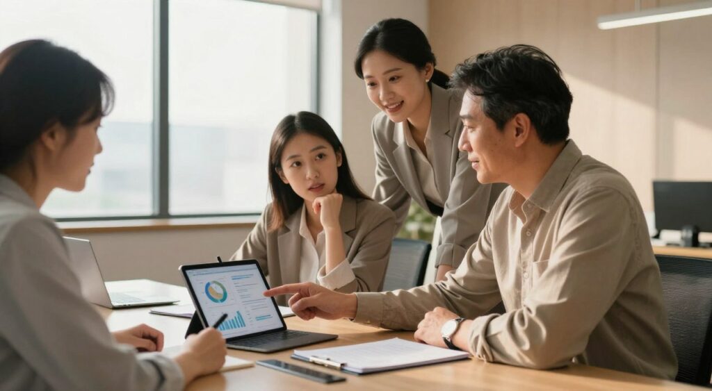 A professional, modern office setting with a diverse group of three individuals engaged in a collaborative discussion around a sleek conference table. In the foreground, a middle-aged man in smart casual attire points to a digital tablet displaying graphs and charts. Beside him, a young woman in business attire takes notes, her expression focused and inquisitive. A mature woman, also in a professional outfit, leans in with an inviting smile, fostering a sense of teamwork. The background features a large window with natural light flooding the room, casting gentle shadows. Warm, neutral tones dominate the decor, creating a welcoming and informative atmosphere. The overall mood is one of curiosity and constructive dialogue, ideal for exploring FAQs.