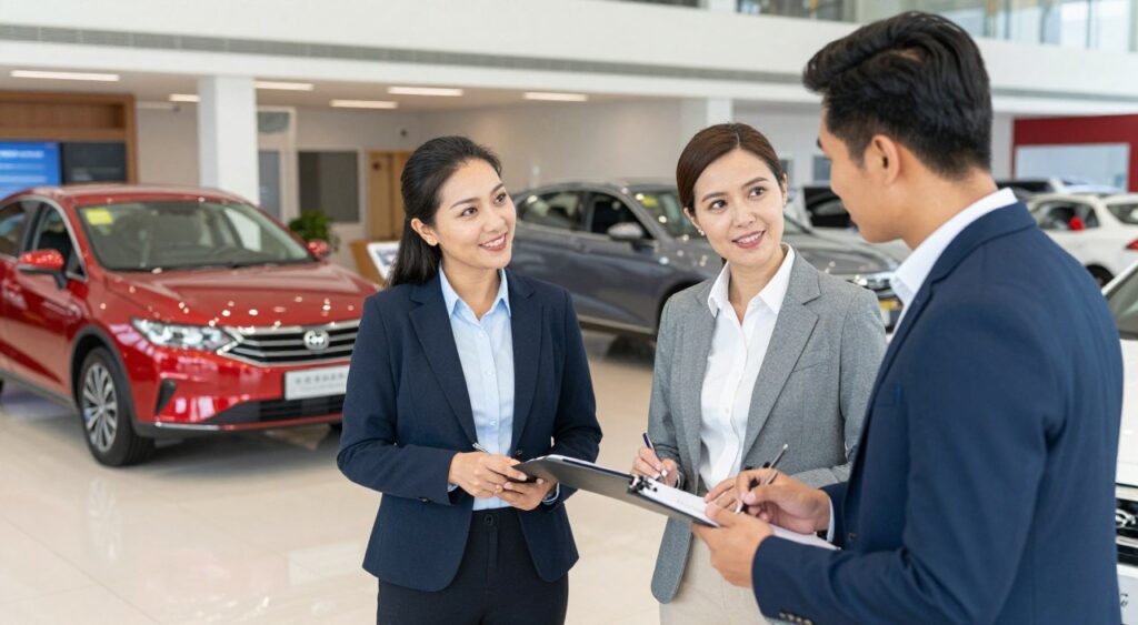 A professional negotiation scene set in a modern car dealership. In the foreground, a well-dressed, diverse group of three people engaged in a discussion over a leasing contract. One is a middle-aged female car sales consultant with a friendly demeanor, and the others are a young couple in business casual attire, showing interest and taking notes. In the middle ground, sleek, shiny cars are showcased, highlighting various leasing options, including sedans and SUVs. The background features spacious, bright showroom lighting that enhances the vibrant colors of the vehicles. The atmosphere conveys a sense of excitement and professionalism, with an emphasis on collaboration and negotiation, creating a welcoming and informative environment.