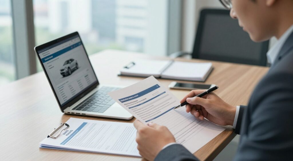 A professional office setting depicting a modern vehicle history report on a sleek wooden desk, with a laptop displaying a detailed vehicle history summary alongside insurance policy documents. In the foreground, a person in business attire is analyzing the report with a focused expression. In the middle, a soft-focus background highlights a large window with natural light pouring in, showcasing a cityscape. Soft shadows create a warm, inviting atmosphere, while the overall color palette features muted blues and greys. The angle should be slightly tilted from above, capturing both the desk and the person's engaged facial expression, creating a sense of importance around informed vehicle purchases and insurance decisions.
