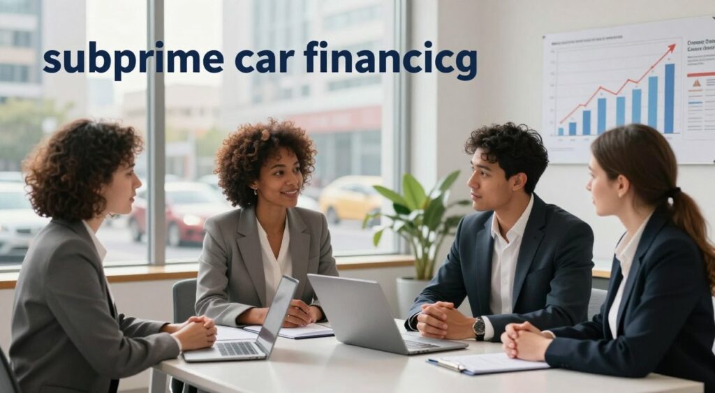 A professional office setting showcasing the concept of "subprime car financing." In the foreground, a diverse group of three individuals—one Black woman, one Hispanic man, and one Caucasian woman—are engaged in a conversation around a sleek, modern desk. They are dressed in business attire, conveying professionalism and collaboration. In the middle ground, a large window reveals a bustling cityscape, with cars passing by, symbolizing the automotive industry. Soft natural light filters through, creating a warm and optimistic atmosphere. In the background, a chart on the wall illustrates trends in vehicle financing, subtly hinting at the importance of financial accessibility for those with bad credit. The overall mood is encouraging and informative, emphasizing hope and opportunity in vehicle financing.