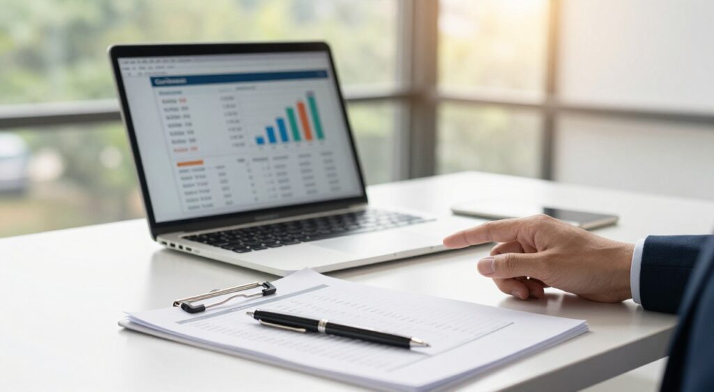 A professional office setting with a focus on a neatly arranged desk showcasing a laptop displaying car loan rates and graphs. In the foreground, there's a hand reaching towards the laptop, highlighting an actionable mindset. In the middle, a financial document with figures and a pen rests on the desk. The background features a large window letting in soft, natural light, creating a warm and inviting atmosphere. The scene is organized, modern, and reflects professionalism, hinting at accountability in managing finances. Use bright, natural lighting to enhance clarity and a shallow depth of field to emphasize the desk elements while subtly blurring the background for focus. The overall mood conveys a sense of control and reassurance in handling car loan responsibilities. A professional office setting with a focus on a neatly arranged desk showcasing a laptop displaying car loan rates and graphs. In the foreground, there's a hand reaching towards the laptop, highlighting an actionable mindset. In the middle, a financial document with figures and a pen rests on the desk. The background features a large window letting in soft, natural light, creating a warm and inviting atmosphere. The scene is organized, modern, and reflects professionalism, hinting at accountability in managing finances. Use bright, natural lighting to enhance clarity and a shallow depth of field to emphasize the desk elements while subtly blurring the background for focus. The overall mood conveys a sense of control and reassurance in handling car loan responsibilities.