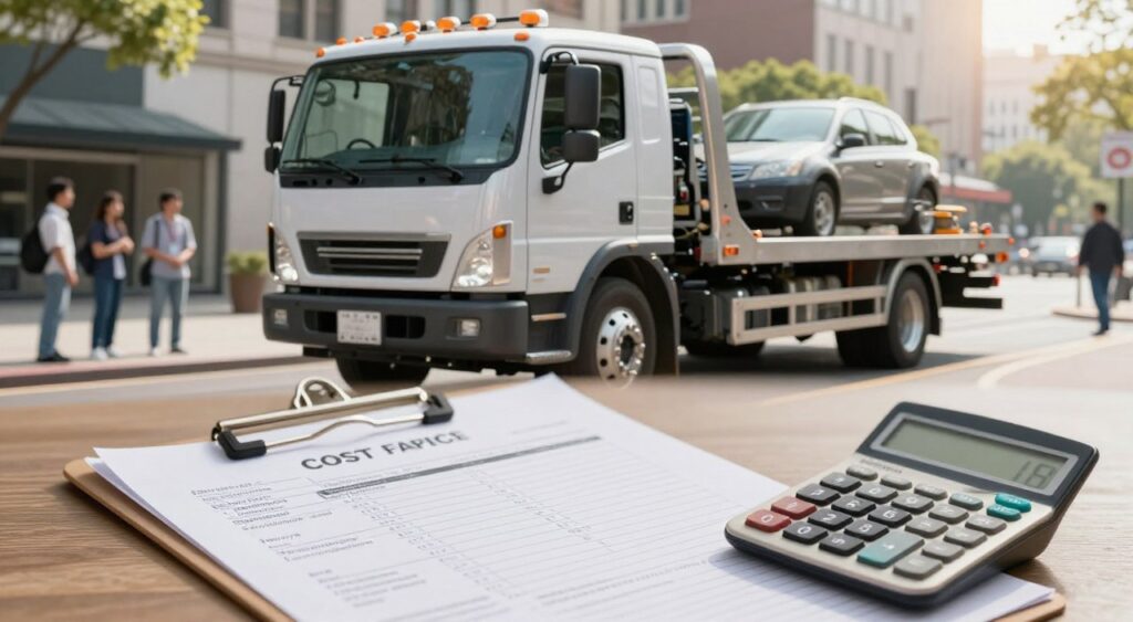 A professional scene depicting the concept of vehicle towing costs, centered around a sleek towing truck parked in an urban setting. In the foreground, the truck is prominently displayed, its shiny exterior reflecting the sunlight. The middle ground features a clipboard with tax documents and a calculator, emphasizing the pricing aspect. The background shows a bustling city street with onlookers observing the towing process, conveying the demand for affordable towing services. Soft, natural lighting creates a friendly and trustworthy atmosphere, while a slight blur in the background adds focus to the truck and pricing elements. The image exudes a sense of reliability and professionalism, ideally capturing the essence of towing services and costs without any text or distractions.