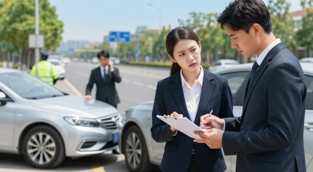 A professional setting depicting a luxury car rental accident procedure in motion. In the foreground, a well-dressed businesswoman and a businessman discuss the next steps, showing concern while reviewing a checklist. They stand near a sleek, silver luxury sedan with minor damage, the vehicle slightly steered onto a roadside. In the middle ground, a concerned customer talks on the phone with a representative, visibly upset yet composed. In the background, a tranquil city street under a clear blue sky, with a hint of a traffic officer approaching. The lighting is bright and natural, illuminating the scene, with a shallow depth of field to emphasize the individuals in the foreground. The mood is serious yet professional, highlighting the importance of proper procedure in a car rental emergency. A professional setting depicting a luxury car rental accident procedure in motion. In the foreground, a well-dressed businesswoman and a businessman discuss the next steps, showing concern while reviewing a checklist. They stand near a sleek, silver luxury sedan with minor damage, the vehicle slightly steered onto a roadside. In the middle ground, a concerned customer talks on the phone with a representative, visibly upset yet composed. In the background, a tranquil city street under a clear blue sky, with a hint of a traffic officer approaching. The lighting is bright and natural, illuminating the scene, with a shallow depth of field to emphasize the individuals in the foreground. The mood is serious yet professional, highlighting the importance of proper procedure in a car rental emergency.