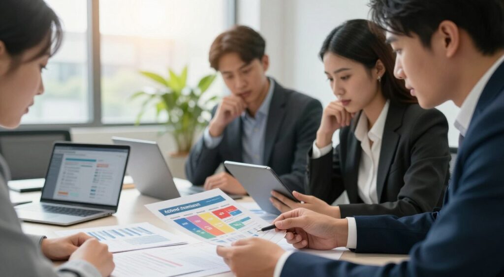 A professional setting with a modern office environment, where a diverse group of three individuals, dressed in business attire, are engaged in a discussion around a table covered with documents and digital devices. In the foreground, a close-up shot of hands examining a colorful offer comparison chart. In the middle, individuals are leaning over the table, analyzing various offers displayed on laptops and tablets, showcasing expressions of thoughtful consideration. In the background, large windows allow natural light to illuminate the room, casting a warm glow, while plants add a touch of greenery. The atmosphere is focused, with an air of collaboration and decision-making, emphasizing the meticulous evaluation process of OR offers. Soft focus on the background to keep attention on the engaging discussion.