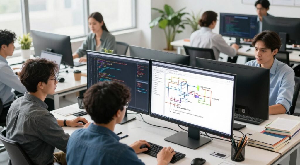A professional software development environment showcasing the concept of algorithms. In the foreground, a diverse group of software developers, dressed in smart casual attire, collaborates over a large digital screen filled with colorful algorithm flowcharts and code snippets. The middle ground features desks with laptops and coding books scattered, reflecting a productive workspace. In the background, large windows allow natural light to pour in, enhancing the bright and innovative atmosphere while potted plants add a touch of greenery. The scene is captured from a slightly elevated angle, emphasizing teamwork and creativity, with a soft focus on the developers' engaged expressions. Overall, the image conveys a sense of enthusiasm and efficiency in maximizing the potential of software development. A professional software development environment showcasing the concept of algorithms. In the foreground, a diverse group of software developers, dressed in smart casual attire, collaborates over a large digital screen filled with colorful algorithm flowcharts and code snippets. The middle ground features desks with laptops and coding books scattered, reflecting a productive workspace. In the background, large windows allow natural light to pour in, enhancing the bright and innovative atmosphere while potted plants add a touch of greenery. The scene is captured from a slightly elevated angle, emphasizing teamwork and creativity, with a soft focus on the developers' engaged expressions. Overall, the image conveys a sense of enthusiasm and efficiency in maximizing the potential of software development.