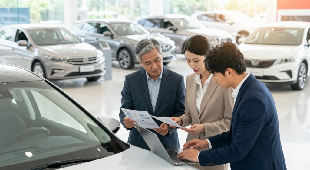 A professional, visually appealing scene depicting car insurance budgeting. In the foreground, a diverse group of three individuals, dressed in smart casual attire, is engaged in a discussion around a sleek, modern car. They are reviewing documents and calculating costs on a laptop, with focused expressions. The middle layer features a stylish car showroom, showcasing multiple vehicles that symbolize different budgets. The background shows a large window with natural light pouring in, illuminating the scene and giving a warm, inviting atmosphere. The setting conveys a sense of professionalism and practical decision-making, emphasizing the importance of budgeting in car insurance. The composition is shot in a slightly elevated angle, enhancing depth and perspective.