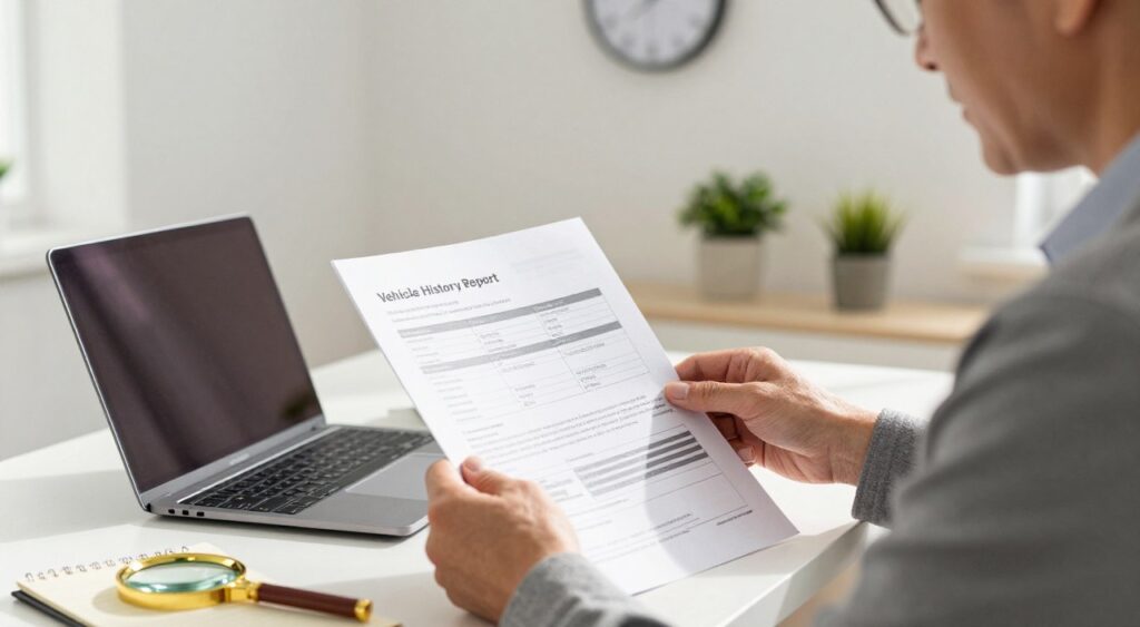 A professional, well-lit office scene focusing on a vehicle history report being examined. In the foreground, a middle-aged person in business attire, with a focused expression, holds a detailed vehicle history report, highlighting forensics related to vehicle ownership, accidents, and service history. The middle layer showcases a modern desk with a laptop, notepad, and a magnifying glass, emphasizing the investigative aspect of reading reports. In the background, a soft-focused wall clock and a few potted plants contribute a sense of calm professionalism. The lighting is bright and inviting, creating an atmosphere of diligence and trust, with a warm, natural light cascading through a nearby window, casting gentle shadows across the scene. The angle is slightly elevated, capturing both the report and the individual’s intent gaze.
