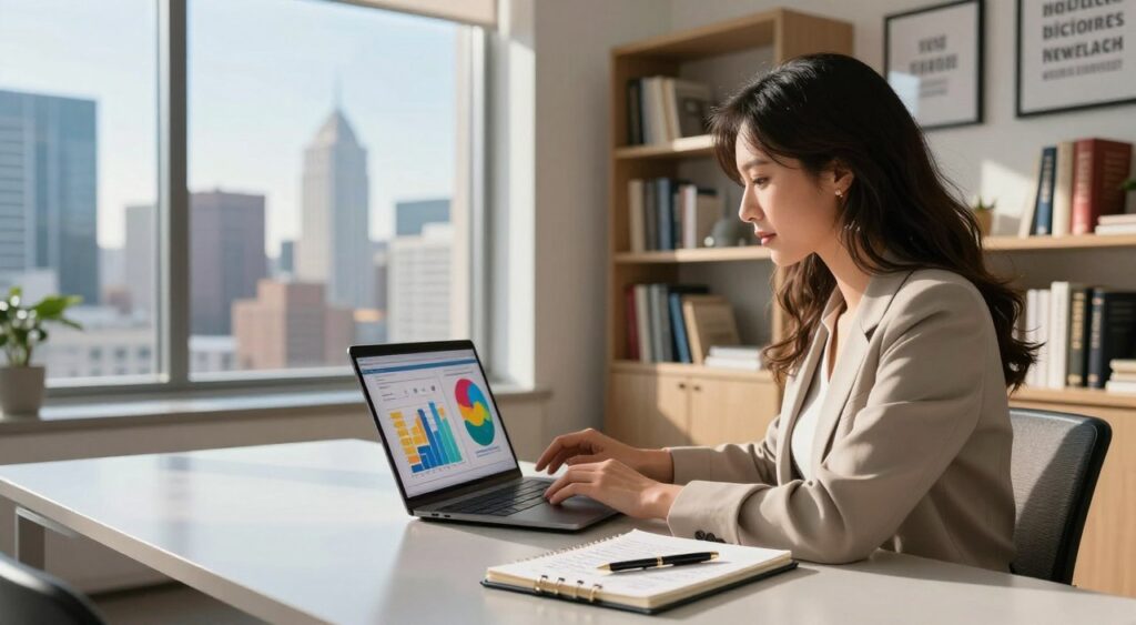 A professional woman sitting at a sleek, modern desk in a well-lit office, browsing financial charts on a laptop, with a focus on a bright, colorful infographic about buying fi. In the foreground, a notepad filled with handwritten notes and a pen rests beside the laptop. In the middle ground, a large window reveals a bustling cityscape filled with skyscrapers, under a clear blue sky. The background features bookshelves filled with finance-related books and inspirational quotes framed on the walls. The lighting is warm and inviting, with natural sunlight streaming in, creating a motivational and optimistic atmosphere. The scene conveys a sense of purpose and clarity for beginners embarking on their buying fi journey.