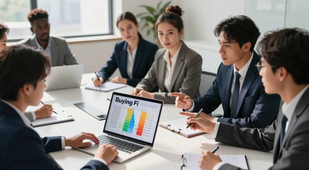 A professional workspace featuring a modern conference table, where a diverse group of business professionals in smart attire are attentively discussing “Buying Fi” service providers. In the foreground, a sleek laptop is open to a colorful comparison chart displaying data on different providers. In the middle ground, individuals are animatedly pointing at the screen, with a notepad and pens scattered around. The background shows a large window with natural light streaming in, casting soft shadows across the room, creating an inviting atmosphere. The camera angle is slightly elevated, highlighting the engaged expressions of the team and the detailed comparison chart. The overall mood is focused and collaborative, emphasizing critical evaluation and decision-making.