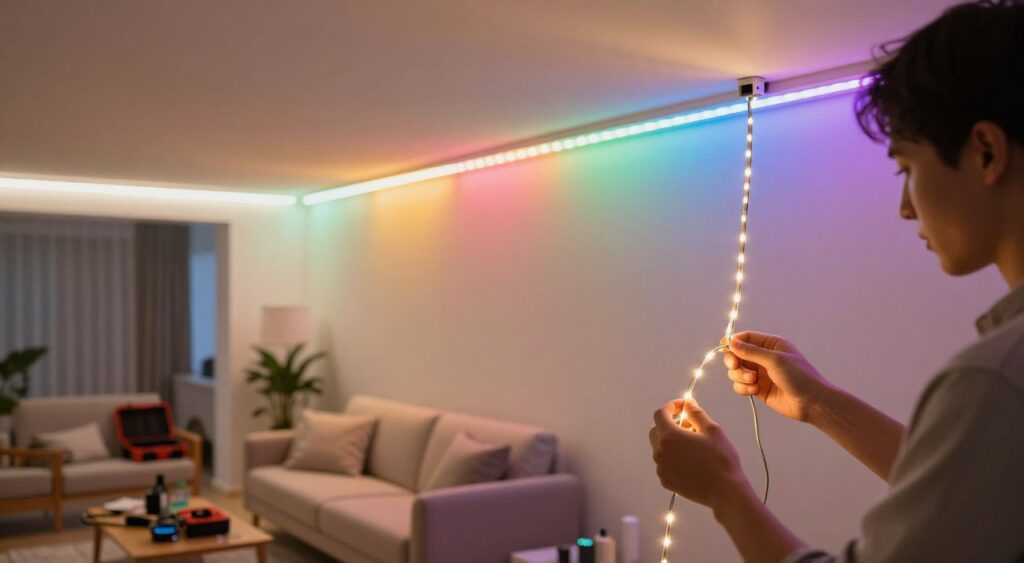 A professionally illuminated LED light installation in a cozy indoor setting, showcasing various LED light strips applied along the ceiling and walls, casting a vibrant glow. In the foreground, a person in smart casual attire carefully connecting LED wires and assessing installation safety. The middle ground features an elegantly designed living room with modern furniture, creating a harmonious ambiance enhanced by soft, colorful LED light. The background reveals a neatly organized toolset, emphasizing a DIY atmosphere. Warm lighting creates a welcoming mood, while a shallow depth of field focuses on the installation process. The angle captures both the person and the illuminated space, conveying a sense of precision and care during the installation of the LED lights.