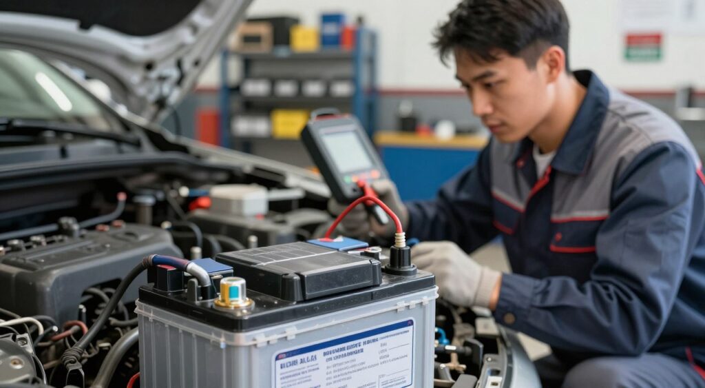 A realistic depiction of a car battery set as the focal point in the foreground, showcasing its terminals and specifications labeled, with a subtle glow indicating life power. In the middle ground, a mechanic with a focused expression in professional attire examines the battery, using tools and a diagnostic device. The background fades into a well-organized auto repair shop, with car parts and tools neatly arranged, providing a sense of industry. The lighting is bright and even, highlighting the details of the battery and creating an atmosphere of professionalism and knowledge. The angle captures the mechanic's engaged interaction with the battery, symbolizing the deep exploration of common myths regarding car batteries. The overall mood is informative and engaging, inviting the viewer to reflect on the misconceptions surrounding battery life.