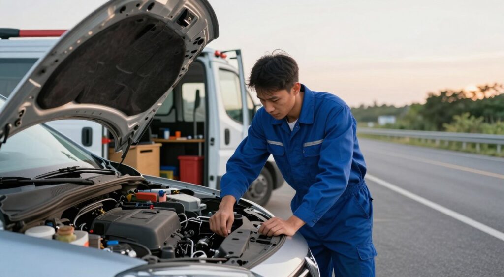 A reliable emergency car repair scene unfolds in the foreground, featuring a mechanic in a professional blue jumpsuit, expertly working on a stranded car with its hood open. The mechanic's focused expression conveys expertise and trust. In the middle ground, a well-organized mobile repair van is parked nearby, showcasing tools and equipment neatly arranged. Behind them, a scenic roadside with soft, natural lighting suggests an early evening, giving the image a sense of calm and dependability. The angle is slightly low, emphasizing the mechanic's determination and the reliability of the service. The overall mood is reassuring and professional, capturing the essence of quick and competent emergency car repair services. A reliable emergency car repair scene unfolds in the foreground, featuring a mechanic in a professional blue jumpsuit, expertly working on a stranded car with its hood open. The mechanic's focused expression conveys expertise and trust. In the middle ground, a well-organized mobile repair van is parked nearby, showcasing tools and equipment neatly arranged. Behind them, a scenic roadside with soft, natural lighting suggests an early evening, giving the image a sense of calm and dependability. The angle is slightly low, emphasizing the mechanic's determination and the reliability of the service. The overall mood is reassuring and professional, capturing the essence of quick and competent emergency car repair services.
