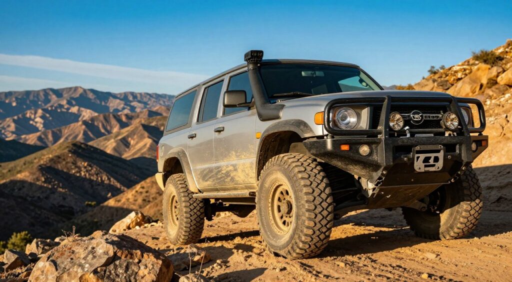 A rugged 4x4 truck is depicted in the foreground, showcasing its off-road capability features such as large, aggressive tires, a reinforced suspension system, and a bold front grille. It is parked on a rocky terrain with dirt and mud splattered on its sides, emphasizing its adventurous spirit. In the middle ground, variations of natural obstacles like steep hills and boulders illustrate the challenges 4x4 trucks can navigate. The background features a vast, dramatic landscape of mountains under a bright blue sky, enhancing the feeling of adventure and freedom. The scene is illuminated by warm, golden sunlight, creating a dynamic atmosphere that highlights the truck's powerful presence. The perspective is slightly low, emphasizing the truck's strength and capability.