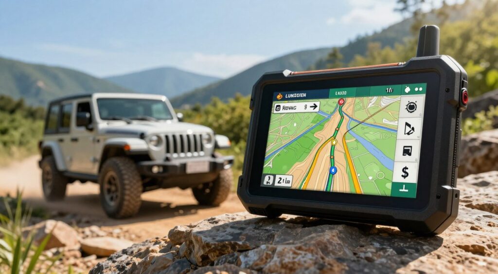 A rugged GPS navigation device designed for off-road adventures, prominently displayed in the foreground. The device features a large touchscreen with bright, easy-to-read maps highlighting off-road trails and terrain. In the middle ground, a Jeep traverses a rocky landscape with lush greenery and distant mountains under a bright blue sky. The camera angle is slightly elevated, capturing both the GPS screen and the adventurous scene around it. Warm, natural lighting enhances the outdoorsy atmosphere, casting soft shadows that emphasize the device's robust design. The overall mood is adventurous and exploratory, inviting drivers to discover new terrains and experiences.