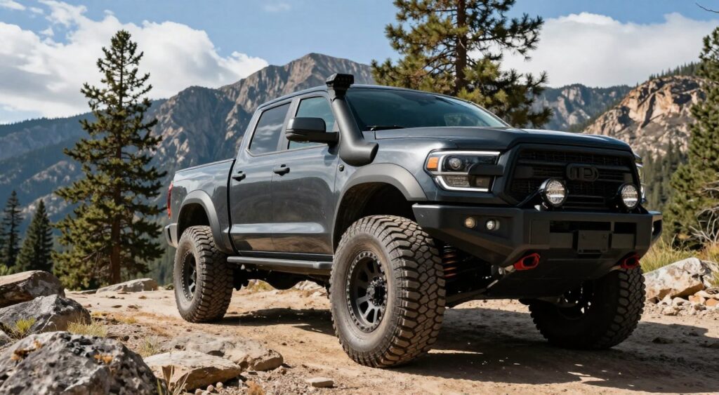 A rugged lifted 4x4 truck parked on a rocky terrain, showcasing its custom features including oversized mud tires, a robust suspension lift, and a matte black finish. In the foreground, the truck's bold grille and off-road lights gleam under bright sunlight, casting strong shadows on the ground. The middle ground features a scenic backdrop of towering trees and rugged mountains, creating an adventurous atmosphere. Soft blue skies with scattered clouds add depth to the image. The scene is captured from a low-angle perspective, emphasizing the truck's height and ruggedness. The overall mood is one of excitement and freedom, perfect for outdoor enthusiasts seeking adventure.