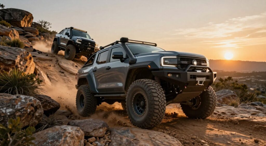 A rugged, modern 4x4 truck conquering a rocky off-road terrain, showcasing its durability and agility. In the foreground, highlight the truck’s aggressive stance, with detailed close-ups of its oversized tires and robust frame, splashing through mud. The middle section features a slightly elevated view of the truck navigating steep, uneven surfaces, surrounded by boulders and sparse vegetation. In the background, a dramatic sunset casts warm golden light, enhancing the rugged landscape with long shadows. Use a wide-angle lens perspective to emphasize the truck's size amidst nature, with a focus on dynamic lighting to evoke a sense of adventure and excitement. The overall atmosphere is thrilling and adventurous, perfect for off-roading enthusiasts.