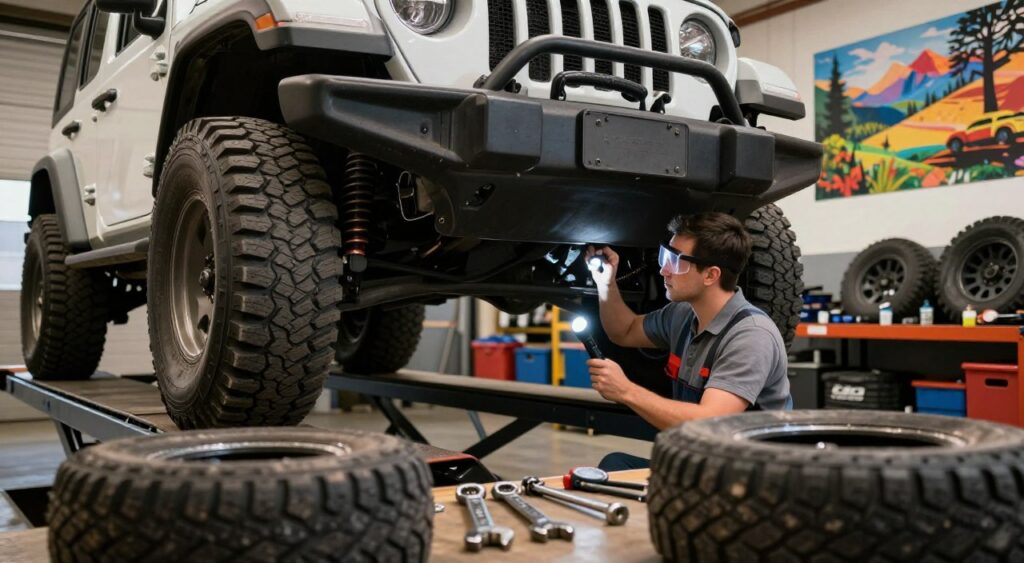 A rugged off-road vehicle lifted on a maintenance ramp, showcasing a mechanic in casual work attire inspecting the undercarriage. In the foreground, tools like wrenches and tire gauges are scattered on a workbench, emphasizing the hands-on nature of vehicle maintenance. In the middle ground, the mechanic, focused and concentrated, uses a flashlight to examine the suspension system while wearing a safety visor. The background features a well-organized garage with off-road tires, spare parts, and vibrant posters of adventurous landscapes. Soft, ambient lighting highlights the gritty textures of the vehicle and the workspace, creating a mood of industriousness and dedication to maintenance. The scene captures the essence of off-road vehicle upkeep, highlighting the technical challenges and rewarding experience for enthusiasts.