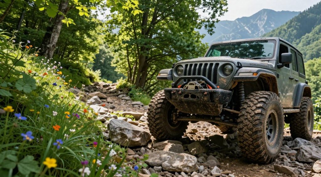 A rugged off-road vehicle, prominently displayed in the foreground, showcasing its powerful tires, reinforced chassis, and heavy-duty suspension. The vehicle is covered in mud, indicating recent adventurous use in rough terrain. In the middle ground, a rocky trail winds through a vibrant green forest, dotted with splashes of colorful wildflowers, while sunlight filters through the tree canopy, creating dynamic light and shadow patterns. The background features distant mountain ranges, partially obscured by mist, enhancing the adventurous spirit of exploration. The atmosphere is exhilarating and energetic, appealing to thrill-seekers. This scene is captured with a wide-angle lens, emphasizing the vehicle's imposing presence and the wild, untamed landscape surrounding it. No text or watermarks are present in the image.