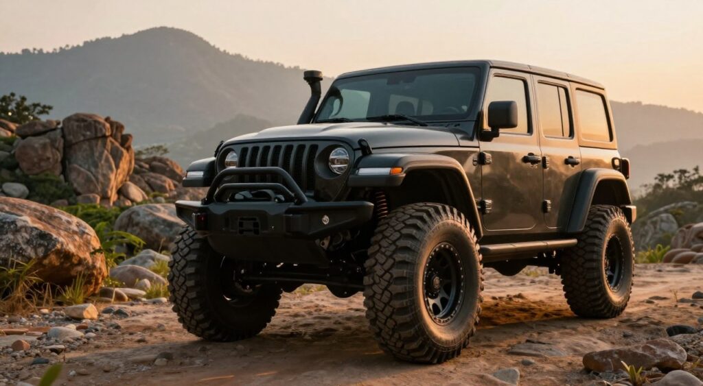 A rugged off-road vehicle, such as a modified 4x4 truck, dominates the foreground, showcasing large, all-terrain tires and a robust suspension system. The vehicle's matte black finish gleams under the soft, golden light of a setting sun, highlighting its rugged contours and powerful stance. In the middle ground, a vibrant rocky landscape unfolds, with boulders and patches of green vegetation scattered across the terrain, emphasizing the vehicle's capability to tackle tough environments. The background features distant mountains, partially shrouded in mist, providing depth and a sense of adventure. The atmosphere is rich with energy and anticipation, perfectly capturing the spirit of off-road exploration. The camera angle is slightly low to accentuate the vehicle's formidable presence, giving the scene an immersive and dynamic feel.