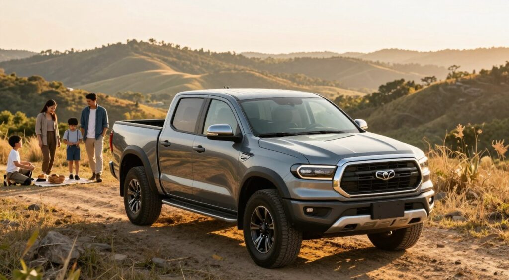 A rugged pickup truck parked in an outdoor setting that showcases lifestyle compatibility, highlighting versatility and functionality. In the foreground, the truck is in sharp focus, with its gleaming paint and robust design reflecting sunlight. The middle ground features an active family—two adults and a child—engaged in leisure activities like hiking and setting up a picnic, all dressed in casual outdoor clothing. In the background, a scenic landscape with rolling hills and trees creates an inviting atmosphere. The scene is bathed in warm, golden hour light, enhancing the warmth and connection to the outdoor lifestyle. The angle should be slightly elevated, providing a dynamic view of the truck and its surroundings, emphasizing adventure and family time.