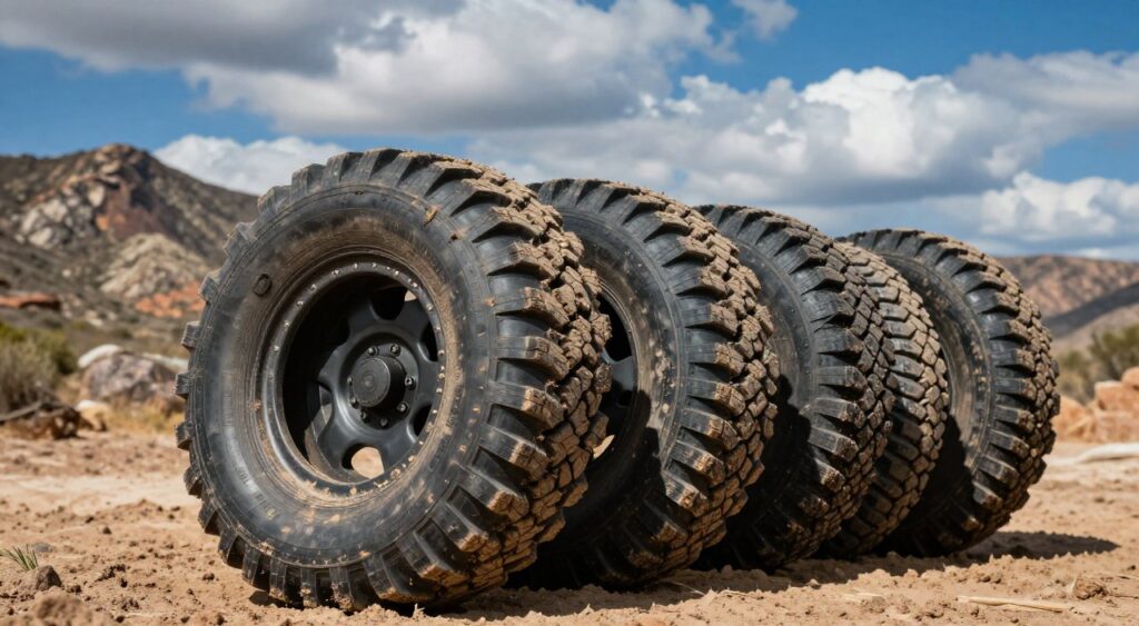 A rugged set of off-road vehicle tires prominently displayed in the foreground, showcasing deep treads and rugged designs ideal for traversing harsh terrains. The tires are caked with mud and dirt, emphasizing their utility and performance in off-road conditions. In the middle ground, a blurred rugged landscape of rocky hills and dry earth can be seen, hinting at the adventure ahead. The background features a vibrant blue sky with scattered clouds, casting dynamic shadows and creating an atmosphere of excitement and exploration. The lighting is bright and natural, suggesting a sunny day perfect for outdoor adventures. The image captures the essence of thrill-seeking and essential off-road gear, enticing viewers to imagine the adventures that await.
