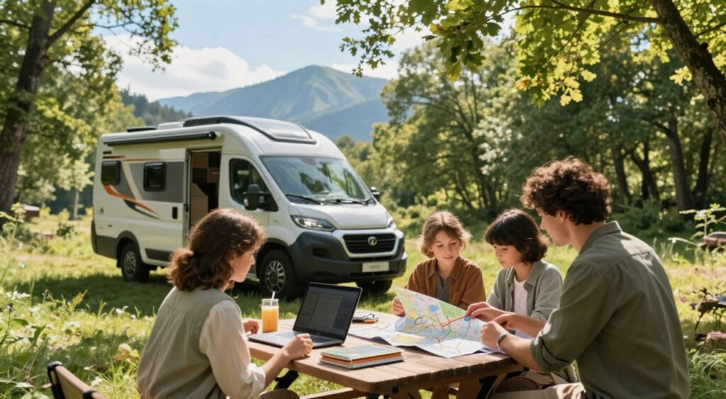 A scenic camping car trip planning scene in a cozy outdoor setting. In the foreground, a family gathered around a picnic table, dressed in comfortable outdoor clothing, with maps, a laptop, and travel guides spread out, discussing their route. In the middle ground, a sleek camping car parked beside a beautiful forest, with a mountain view in the distance. The background features lush green trees and a clear blue sky, with soft warm sunlight filtering through the leaves, creating a serene and inviting atmosphere. Capture a sense of adventure and warmth with a slight depth of field to emphasize the family and their planning activities, while keeping the wider scenery in a beautiful, vibrant focus.