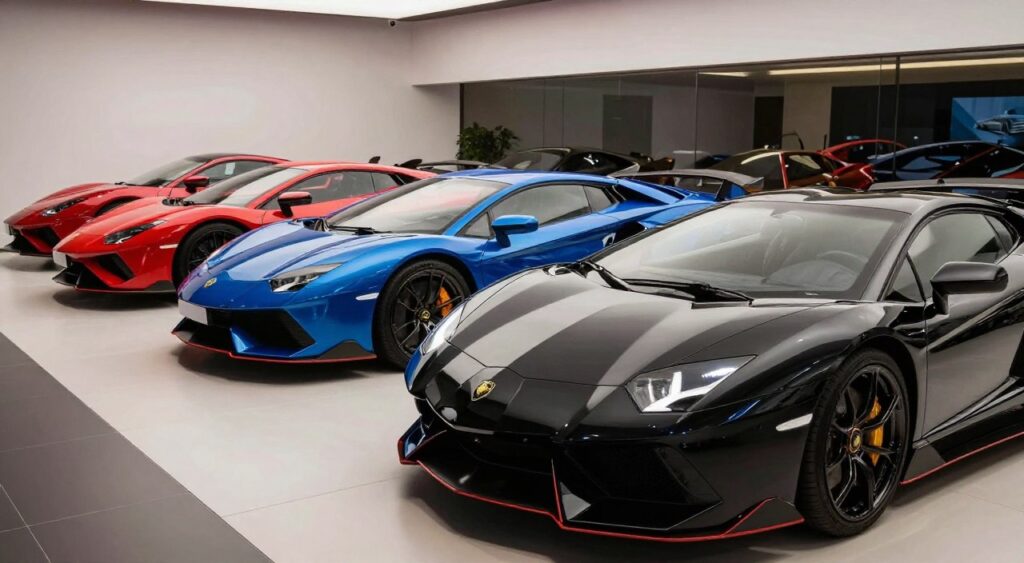 A selection of powerful sports cars lined up in a sleek automotive showroom, showcasing a range of designs and colors, from vibrant reds to deep blues. In the foreground, a shiny black supercar with aggressive lines and gleaming chrome accents stands out prominently, reflecting the light like a polished jewel. The middle ground features a variety of high-performance cars, each with unique features like aerodynamic hoods and bold wheels, highlighted under soft, ambient lighting. In the background, sleek white walls and modern display elements create an upscale atmosphere, evoking luxury and power. The image is taken from a low angle to emphasize the dominance of the cars, while the overall mood is one of excitement and prestige, ideal for enthusiasts.