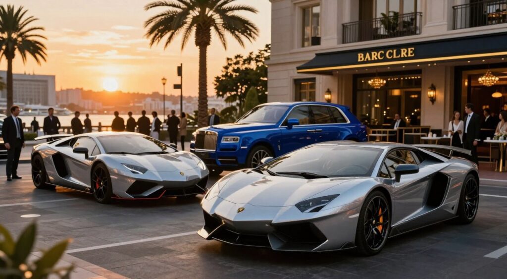 A selection of the most stunning luxury cars of 2023 showcased in an opulent urban environment. In the foreground, a sleek, silver sports car with aerodynamic lines reflects the city lights. Beside it, a deep blue luxury SUV, exuding elegance, parked near a high-end café. In the middle ground, a vibrant street lined with palm trees and modern architecture serves as the backdrop, with people dressed in smart business attire admiring the vehicles. The background features a dazzling sunset that casts warm, golden hues across the scene, enhancing the luxurious atmosphere. The composition is shot from a low angle, emphasizing the grandeur of the cars, with soft bokeh effects on the surrounding urban landscape to draw focus to the vehicles, creating an enchanting mood of sophistication and success.