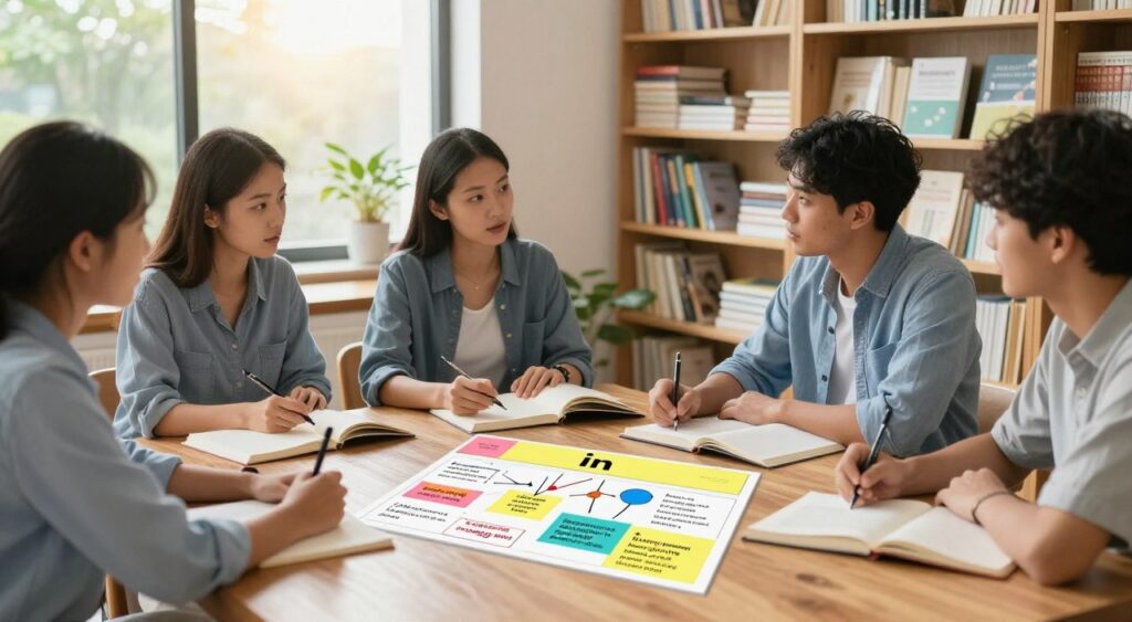 A serene and focused study environment showcasing a diverse group of individuals, including a professional woman in business attire and a casually dressed man, engaged in a collaborative discussion around a large wooden table filled with books and notebooks. In the foreground, a colorful chart illustrating the different uses of the preposition 'in' is prominently displayed, with diagrams and example sentences. The middle ground features well-organized shelves filled with grammar books and educational resources. The background reveals a sunlit window with greenery visible outside, casting a warm, inviting light across the scene. The mood is one of motivation and intellectual curiosity, evoking a sense of transformation and mastery in language learning.