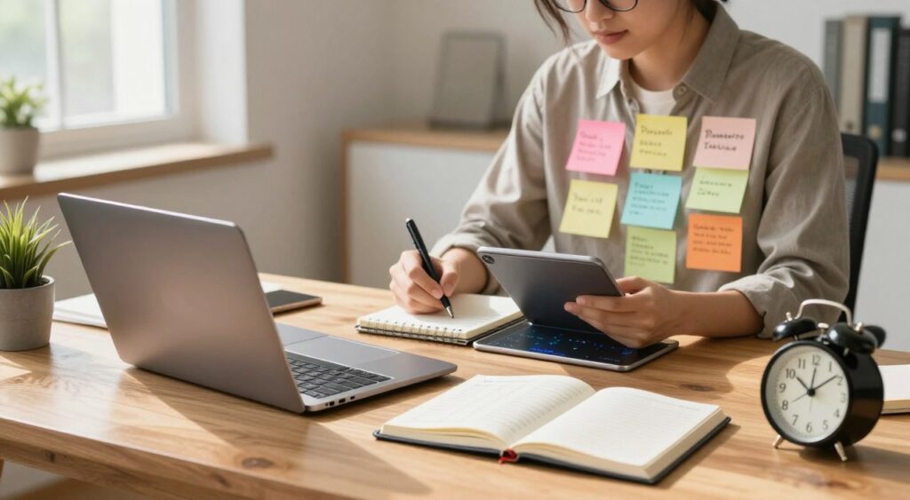 A serene and organized workspace with an elegant wooden desk in the foreground, featuring a sleek laptop, a planner open to a weekly schedule, and a stylish desk clock. In the middle ground, a focused professional wearing smart casual attire writes notes and uses a time management app on a tablet, surrounded by colorful sticky notes showcasing different time management techniques like the Pomodoro Technique, time blocking, and priority matrices. The background showcases a bright office environment with large windows allowing natural light to flood in, casting soft shadows. The overall mood is calm yet productive, promoting clarity and efficiency in time management strategies.