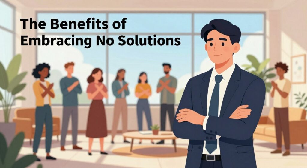 A serene and uplifting illustration depicting the concept of "The Benefits of Embracing No Solutions." In the foreground, a confident individual in professional attire stands firmly with arms crossed, expressing strength and certainty. The middle ground features a diverse group of people, each exuding a sense of relief and empowerment, symbolizing the freedom that comes with saying no. They are in a sunlit office space, surrounded by plants and comfortable furniture, creating a welcoming environment. In the background, large windows showcase a bright blue sky, symbolizing clarity and endless possibilities. The lighting is warm and inviting, enhancing the atmosphere of positivity and confidence. The overall mood conveys empowerment, clarity, and the importance of healthy boundaries.