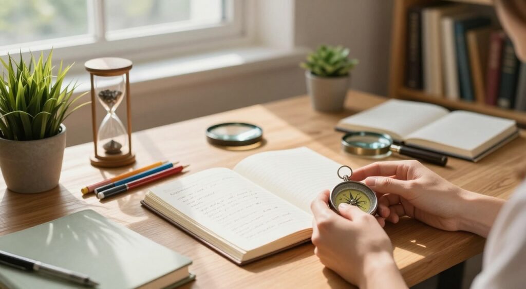 A serene, artistic workspace for self-discovery tools, featuring a wooden desk scattered with a variety of meaningful items: a journal with an open page filled with handwritten notes, colored pens, an hourglass, a small potted plant, and a magnifying glass. In the foreground, a pair of hands gently holds a compass, symbolizing direction and exploration. In the middle ground, soft light filters through a nearby window, casting warm shadows on the desk, enhancing the inviting atmosphere. The background reveals a cozy library with shelves of books on personal development, reflection, and identity. The overall mood is calm and reflective, inviting viewers to engage with the theme of self-discovery, inspiring curiosity and exploration. The image should be well-lit, taken from a slightly elevated angle to capture the depth of the workspace.